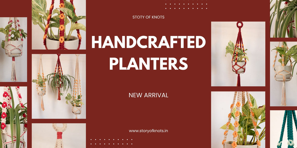 Promotional collage for handcrafted planters with multiple photos of woven hanging planters and macrame plant holders on a dark red background with white text reading 'HANDCRAFTED PLANTERS' and 'NEW ARRIVAL'.